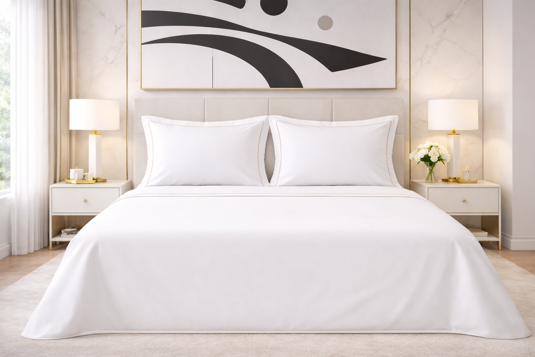 Lenzuola di cotone bianco con cordonetto beige