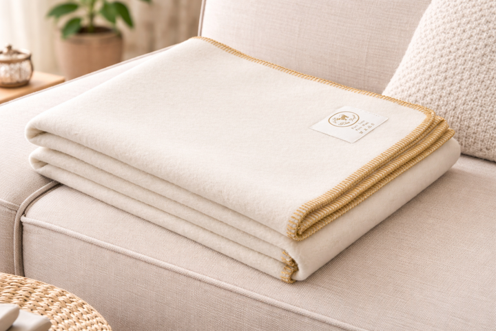 Plaid di pura lana bianco con bordo senape