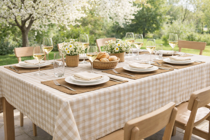 Tovaglia di cotone da 8 persone color beige a scacchi