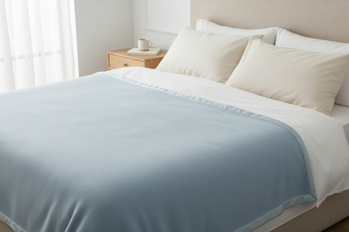 Coperta matrimoniale con bordo azzurro cielo pesante