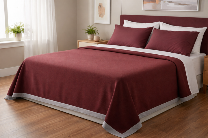 Coperta di lana e cashmere colore bordeaux e bordo bianco
