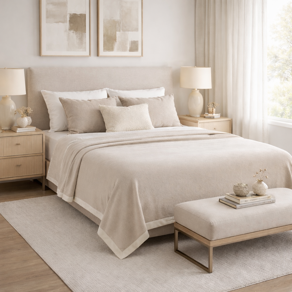 Coperta beige chiaro con bordo greggio. Coperta invernale