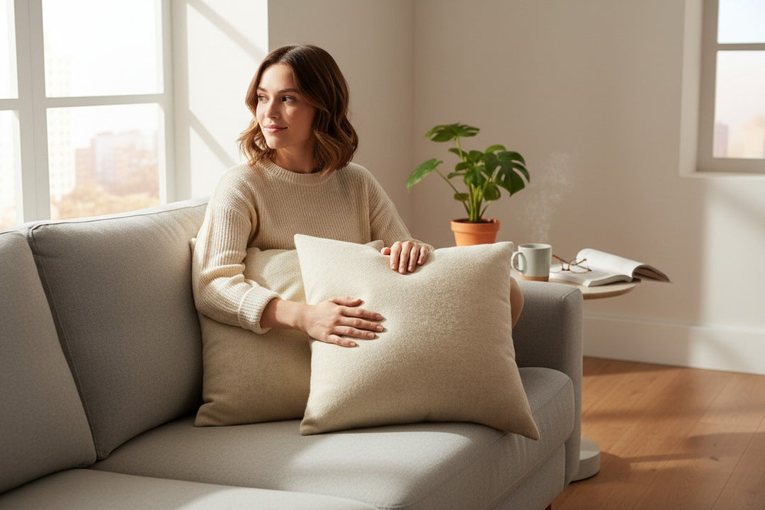 cuscino di lana, lino e cashmere color beige chiaro