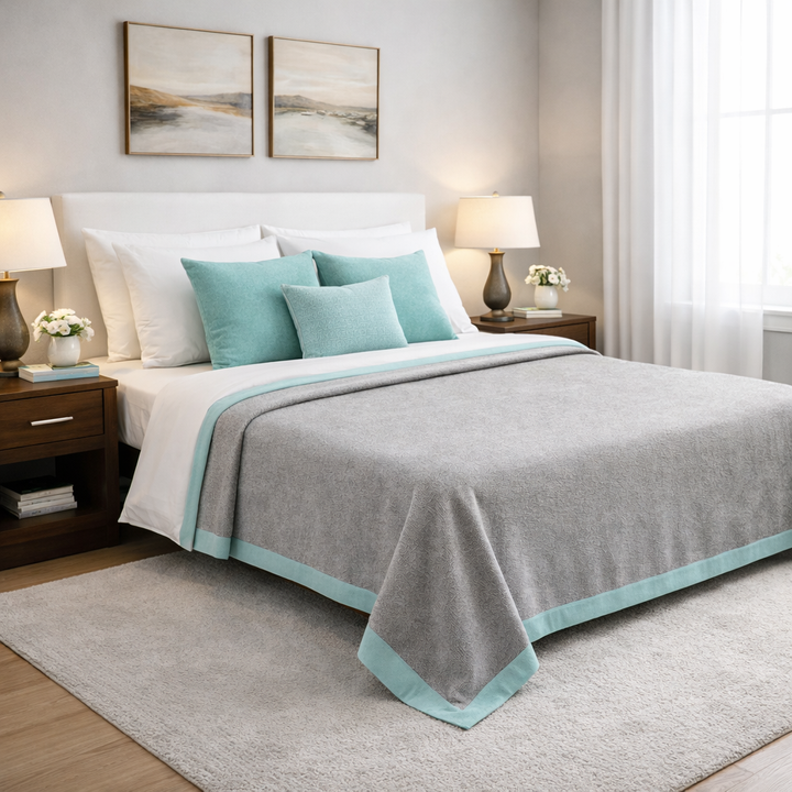 Coperta leggera grigio perla con bordo turchese