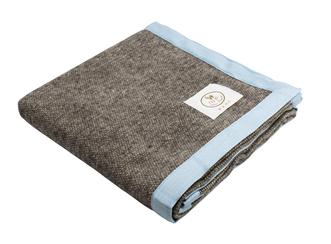 coperta per lettino marrone con bordo azzurro