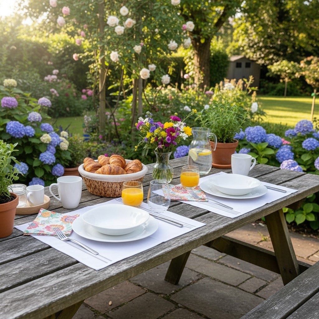 Tovagliette per la colazione in cotone, bianche con triplo cordonetto grigio