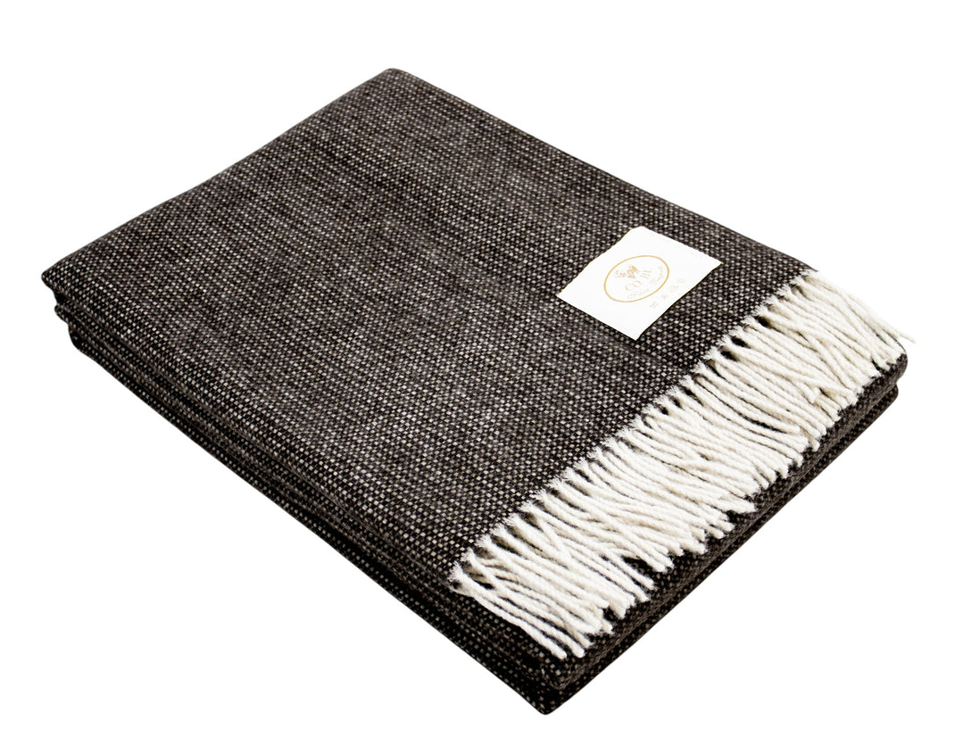 Plaid marrone scuro di lana merino e cashmere con frange