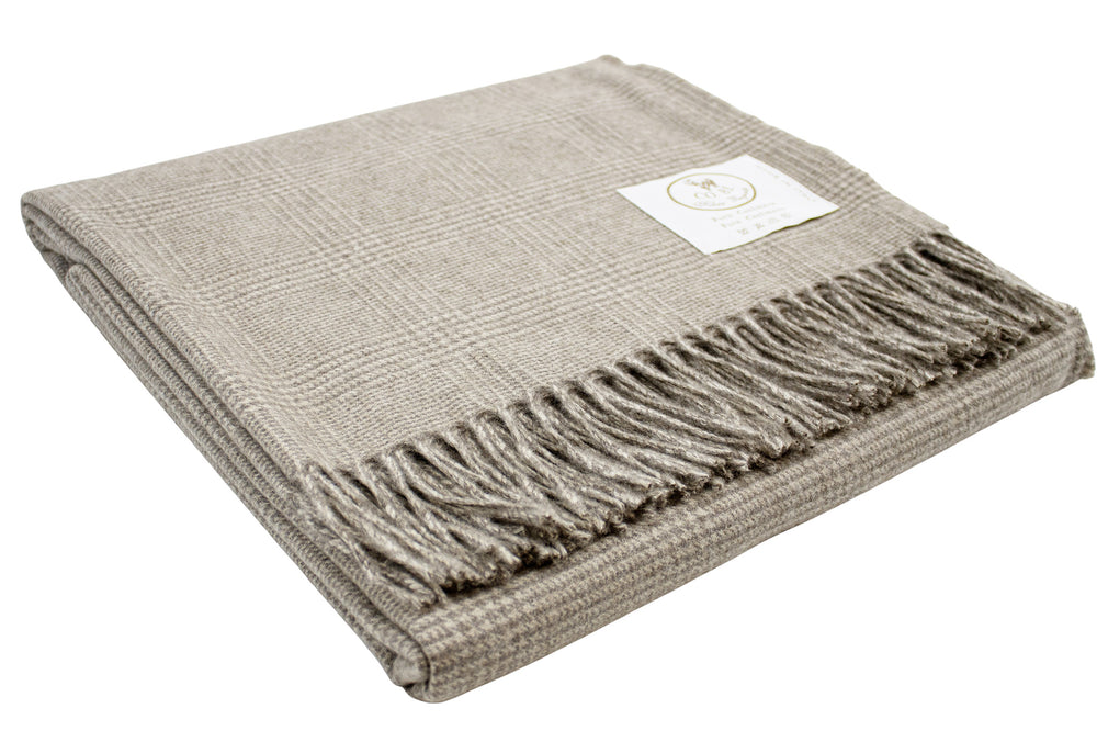 Plaid di cashmere principe di galles marrone con frange