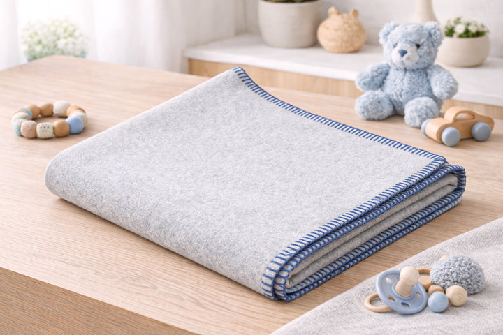 Coperta per culla grigio perla con bordo blu