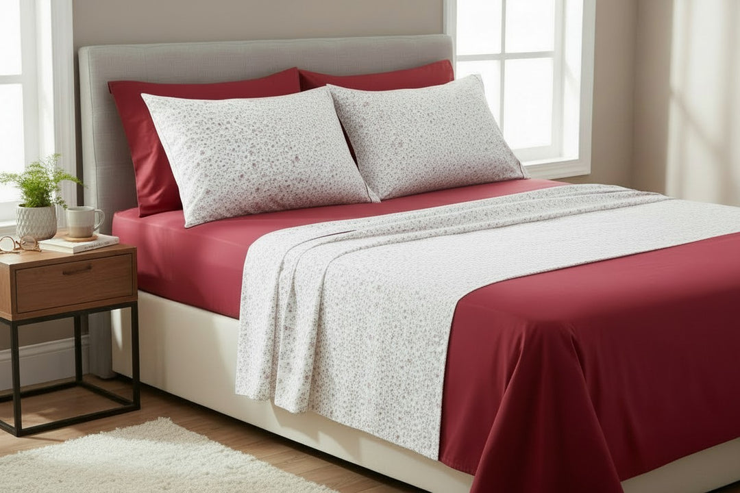 Parure matrimoniale con lenzuola rosso e fiori