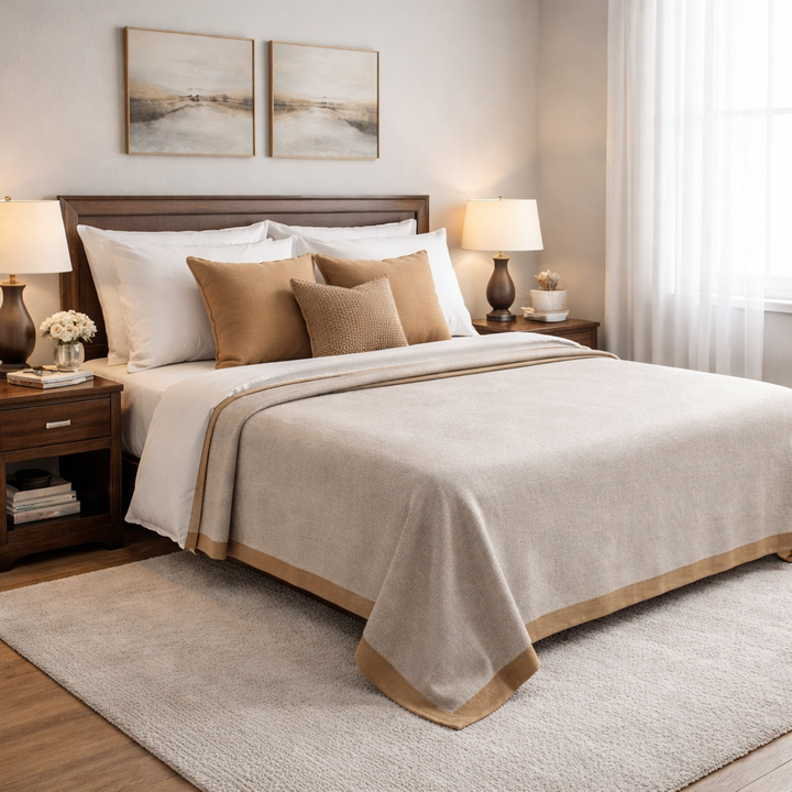 Coperta leggera color grigio perla e bordo beige scuro