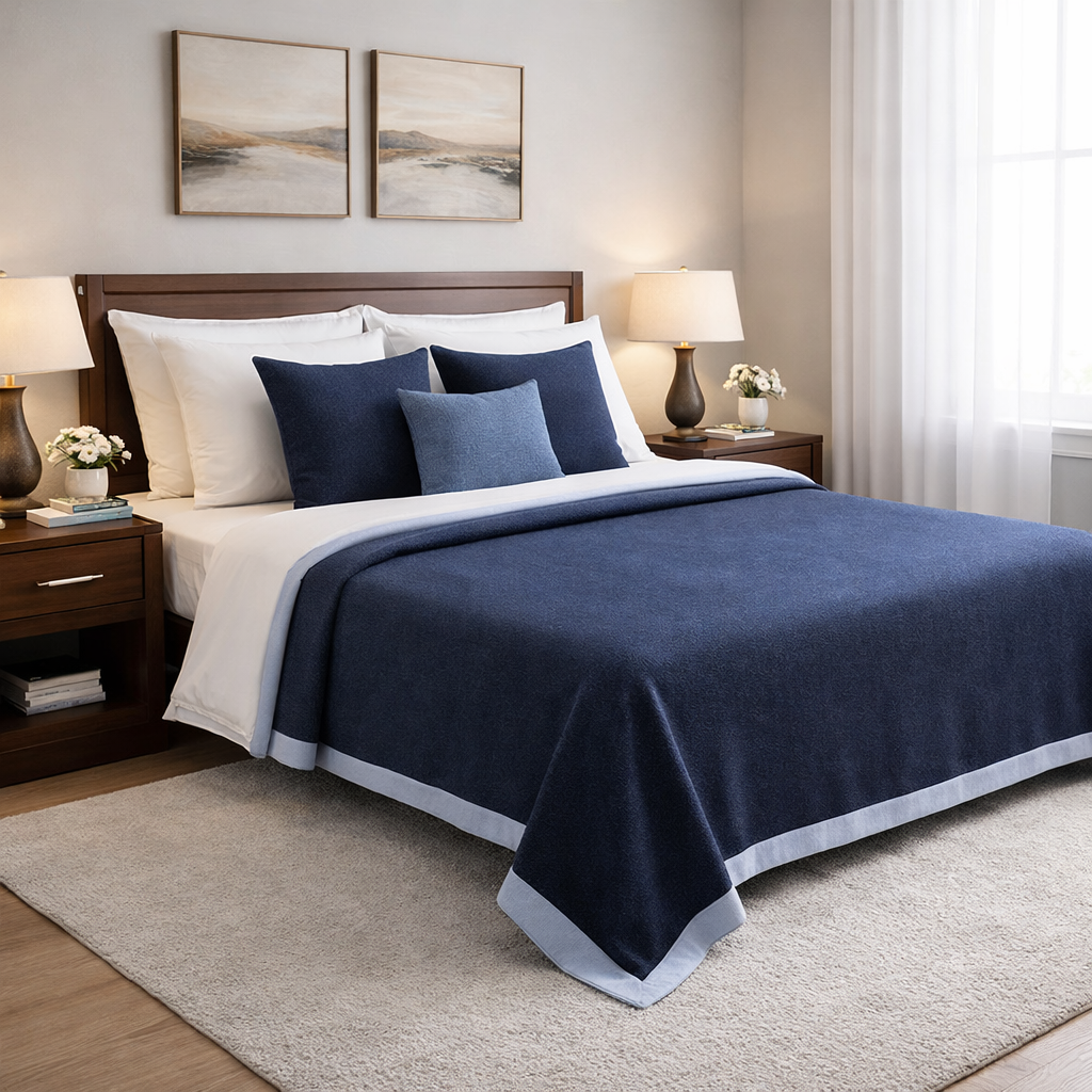 Coperta leggera blu scuro con bordo azzurro