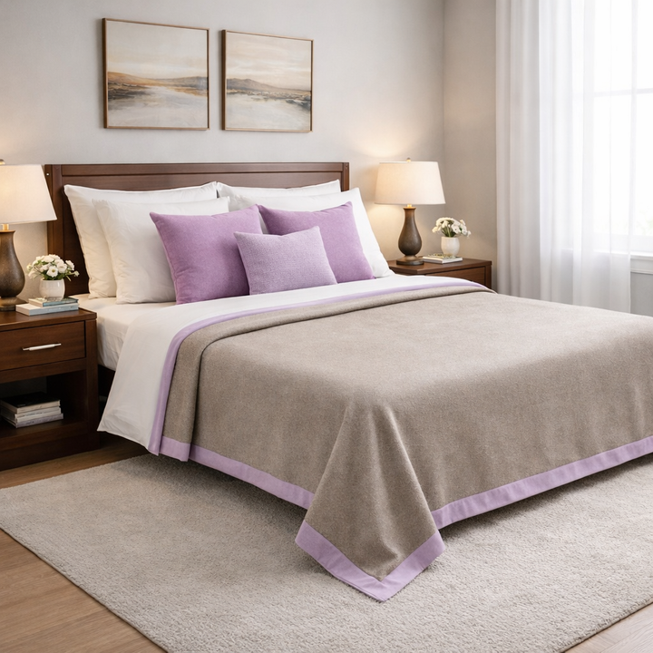 Coperta grigio perla con bordo lilla di cashmere e lana leggera