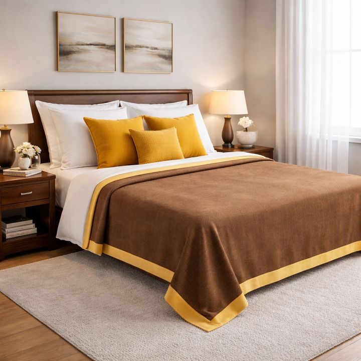 Coperta marrone scuro con bordo ocra