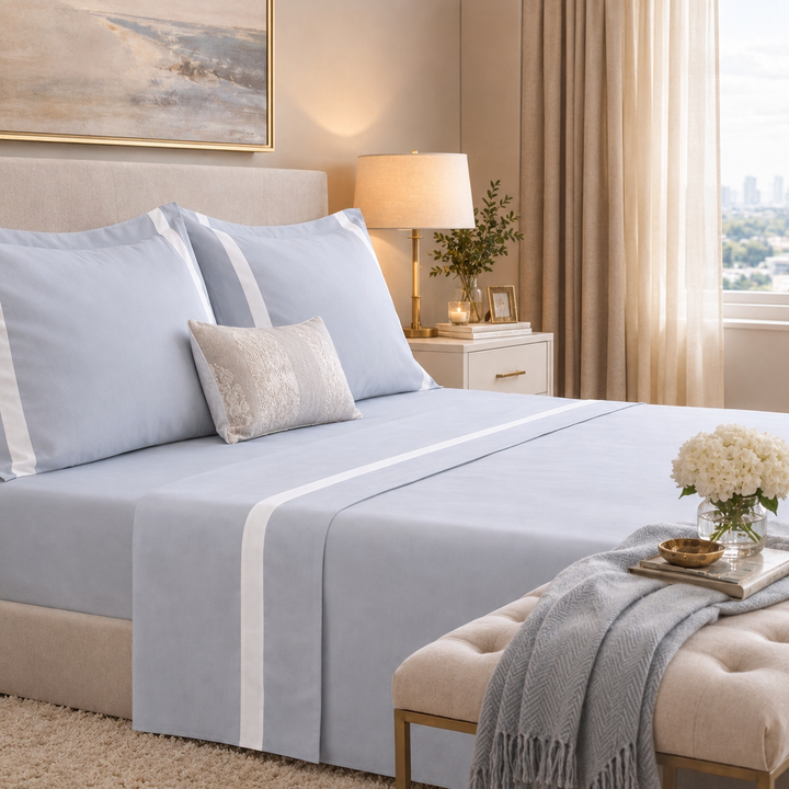 Lenzuola matrimoniali colore grigio perla con balza bianca
