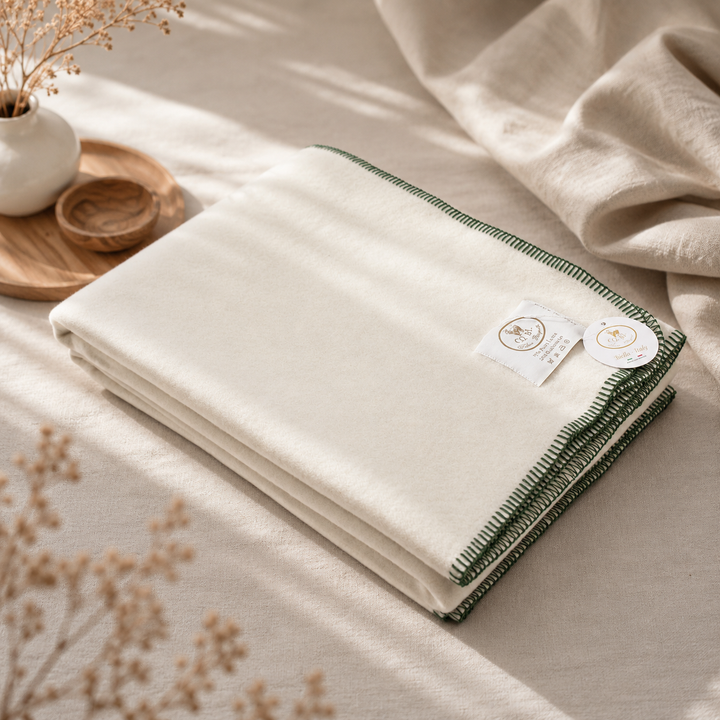 Plaid pesante di lana e cashmere bianco con punto cavallo verde