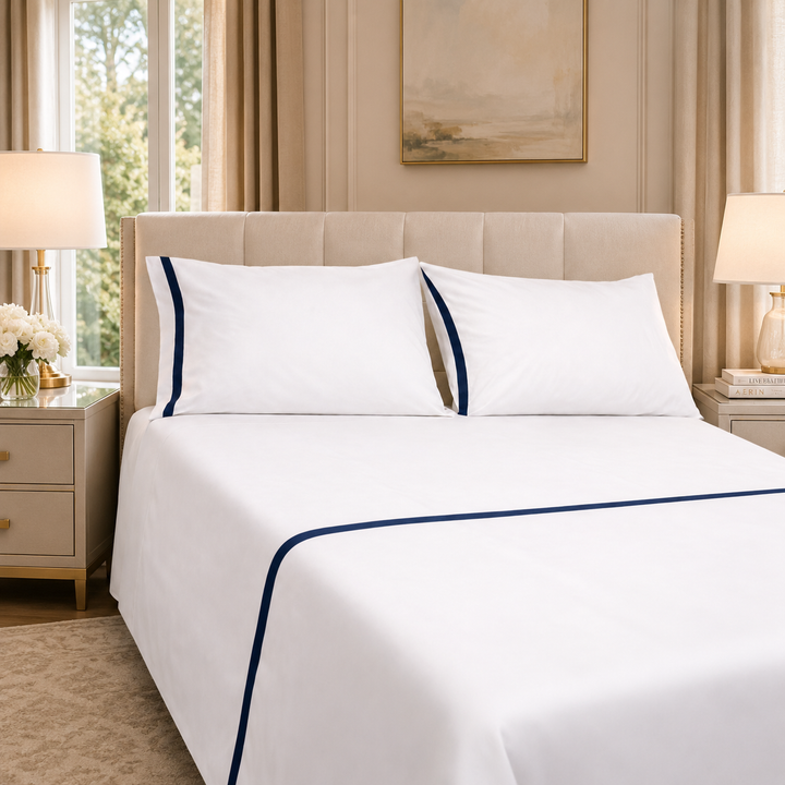 Completo letto matrimoniale con fascia colorata su federe e balza
