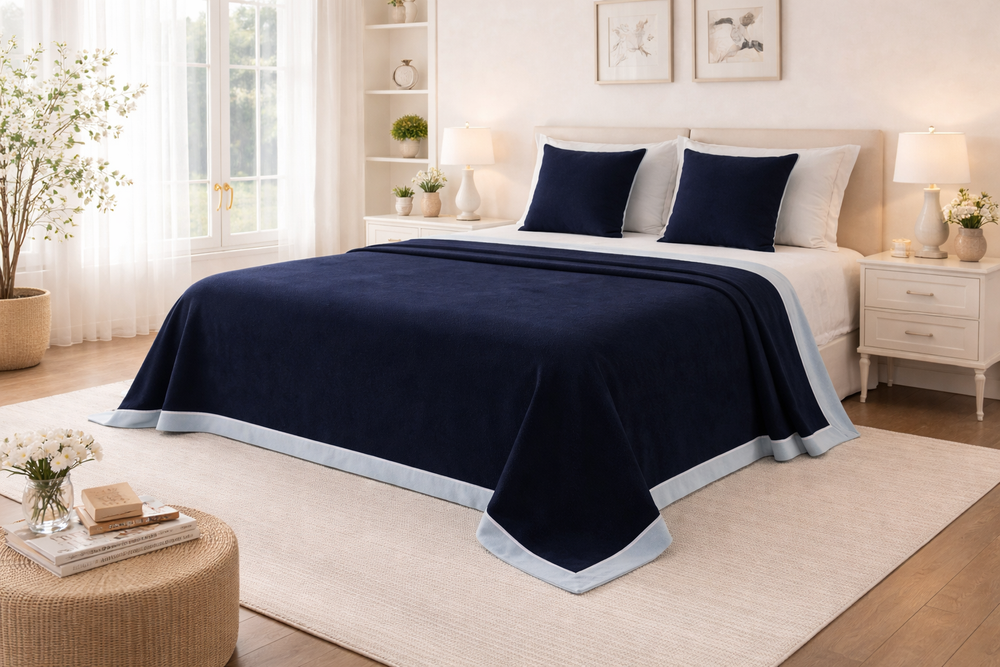 Coperta invernale di lana blu scuro con bordo azzurro