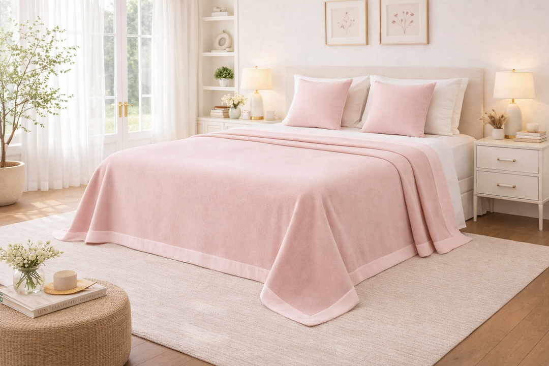 Coperta invernale di lana rosa con bordo rosa