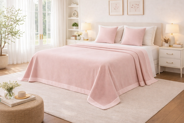 Coperta invernale di lana rosa con bordo rosa