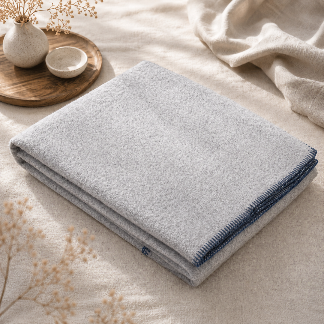 Plaid grigio perla con punto cavallo blu