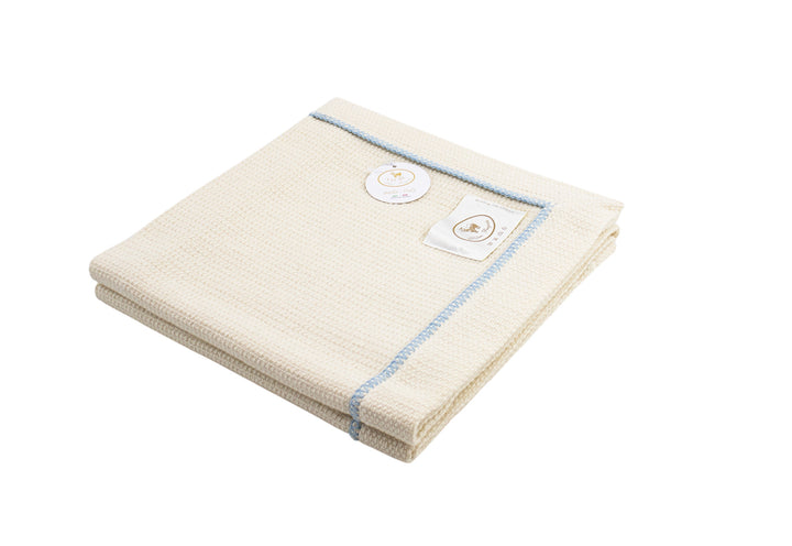 Coperta per culla bianco naturale e bordo punto cavallo azzurro