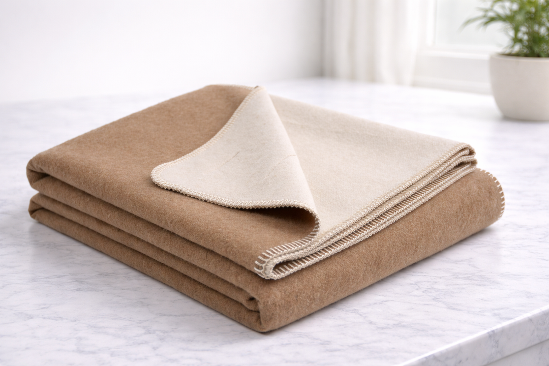 Plaid di lana, cashmere e cammello double face color cammello e bianco naturale