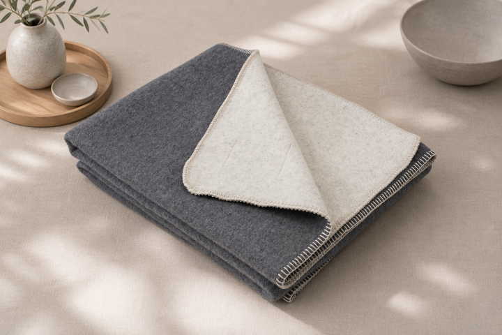 Plaid invernale grigio e greggio di lana e rayon