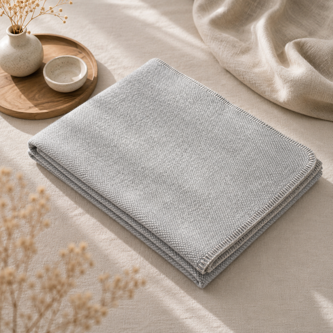 Plaid di lana e cashmere grigio perla con punto cavallo grigio
