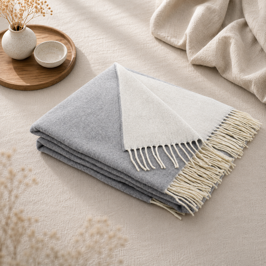 Plaid di lana merino grigio e greggio con frange