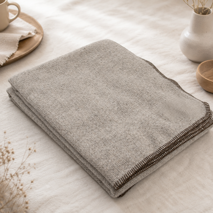 Plaid di lana e cashmere beige con bordo marrone