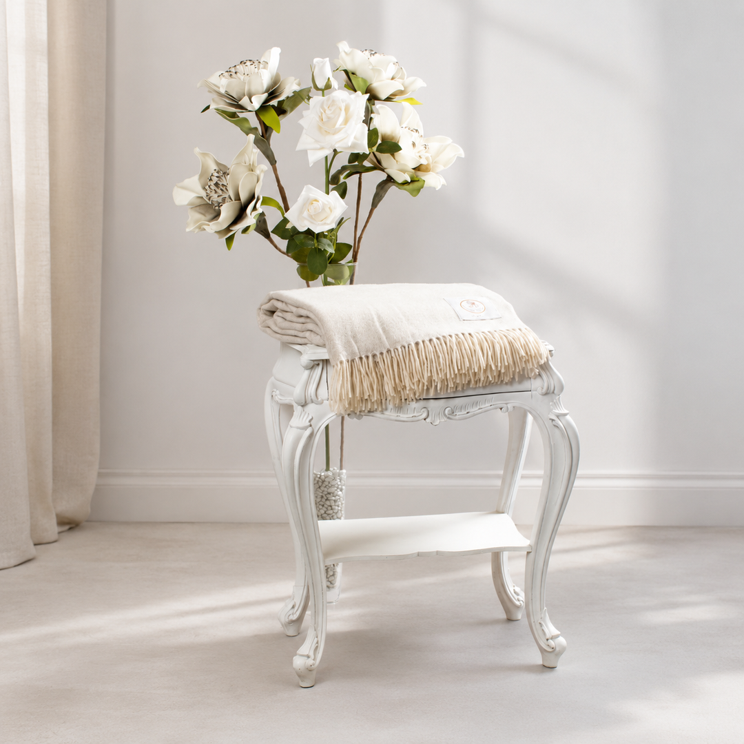 Plaid di cashmere e seta bianco naturale