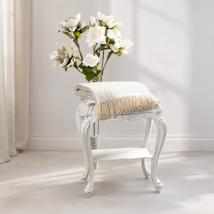 Plaid di cashmere e seta bianco naturale