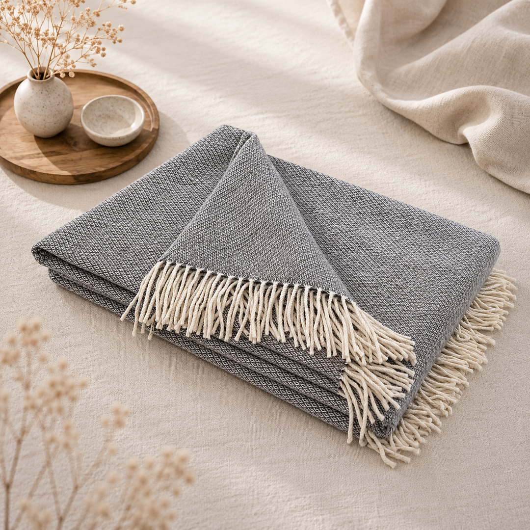 Plaid grigio di lana e cashmere con lavorazione a rombi