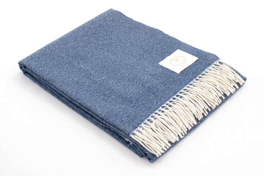 Plaid con frange blu di lana e cashmere