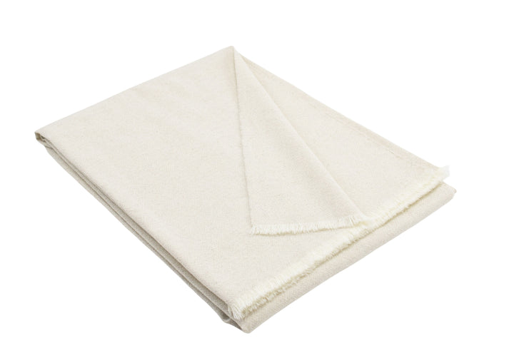 Plaid di lana e lino bianco naturale con frangette