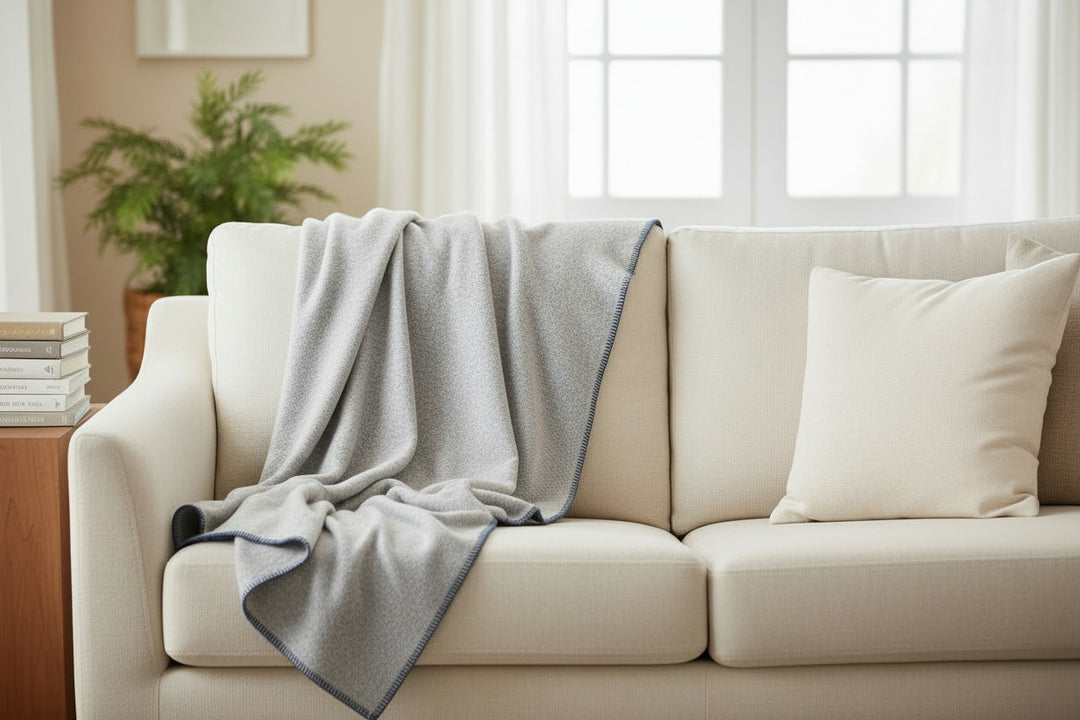 Plaid grigio con bordo a punto cavallo blu di cashmere e lana