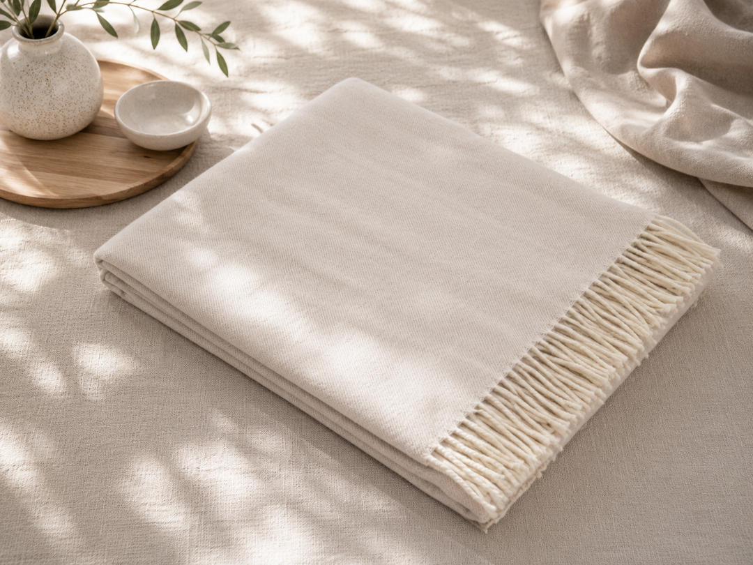 Plaid di lana colore greggio con frange