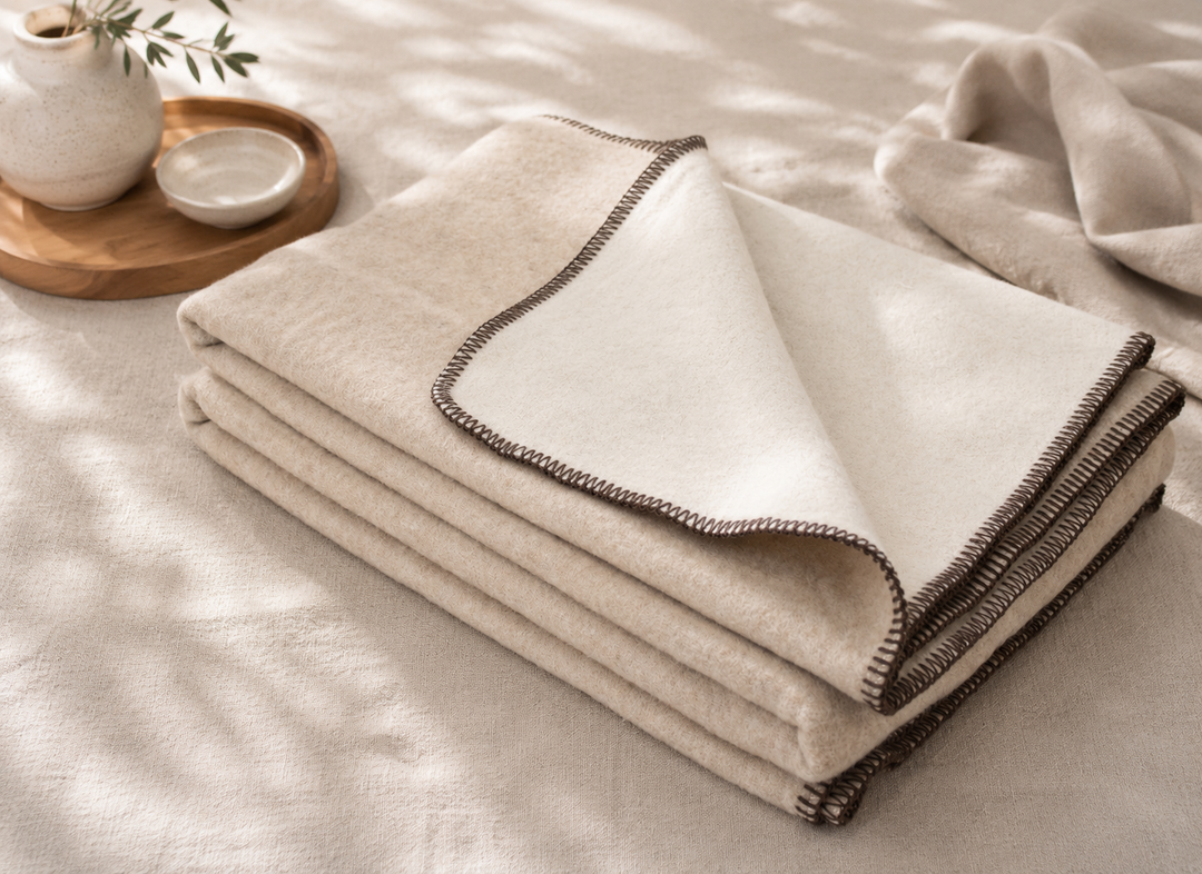 Plaid invernale di lana greggio e beige chiaro con punto cavallo