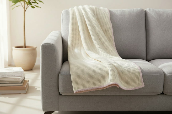 Plaid di lana a nido d'ape bianco naturale e bordo rosa