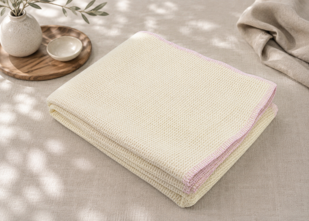 Plaid di lana a nido d'ape bianco con punto cavallo rosa