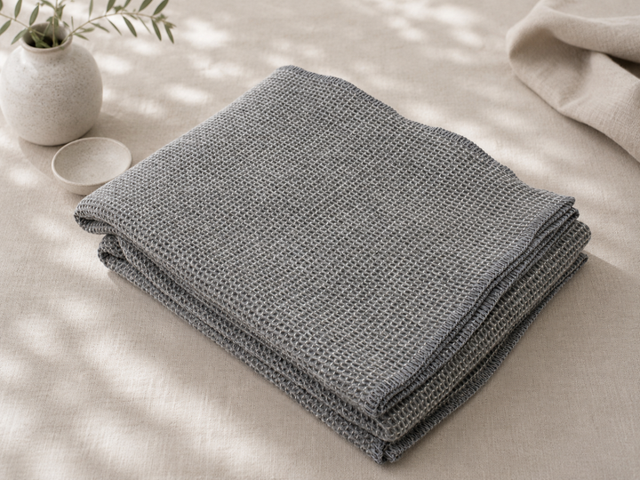Plaid di lana a nido d'ape grigio con punto cavallo grigio
