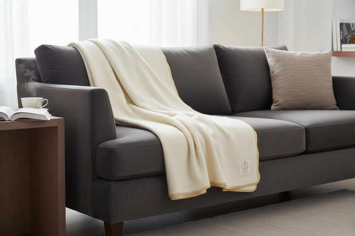 Plaid di lana e cashmere bianco con bordo senape