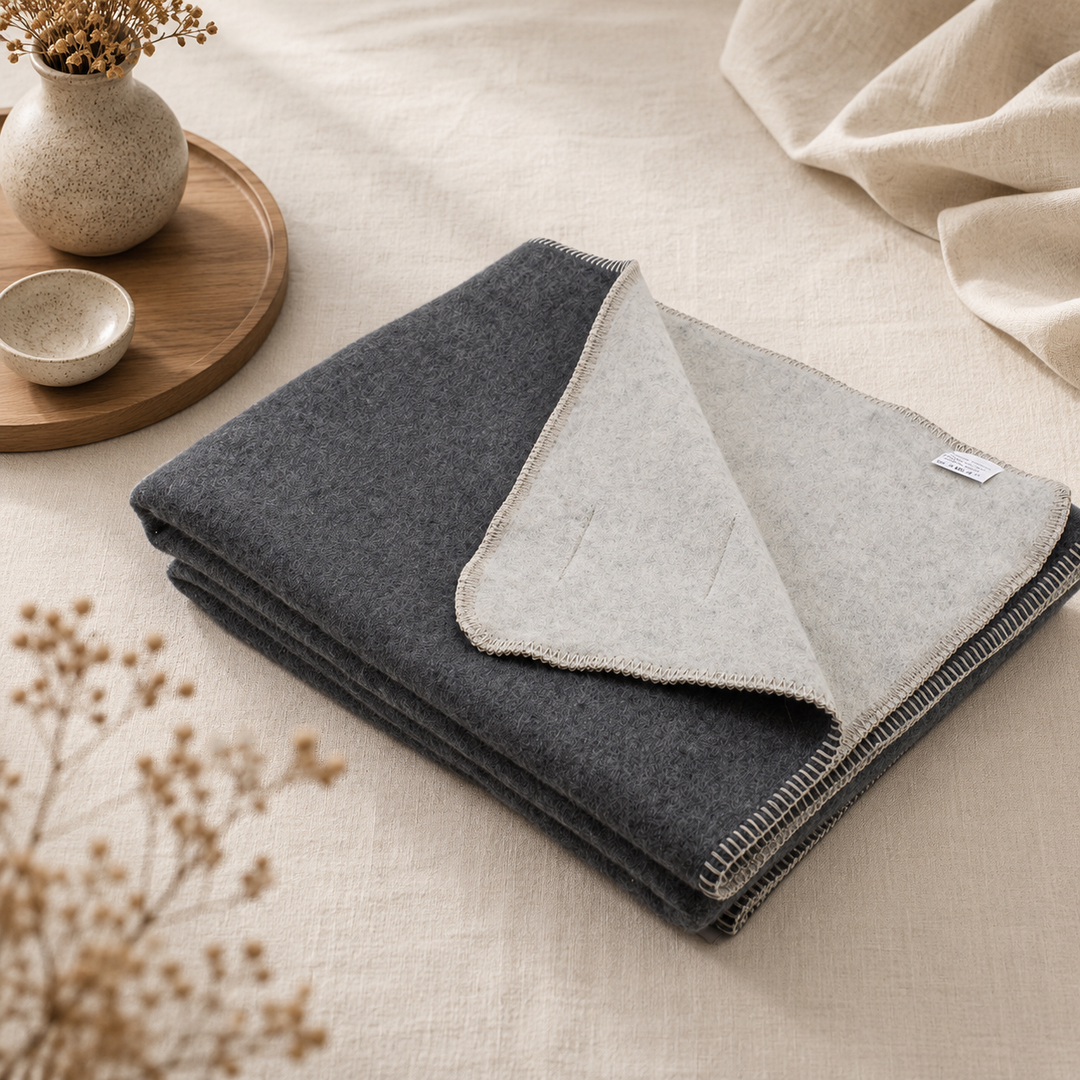 Plaid di cashmere grigio e greggio, rifinito a punto cavallo