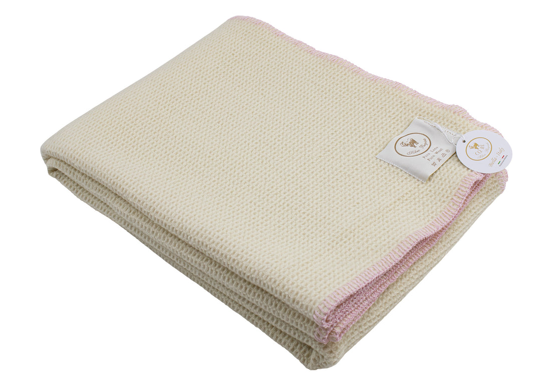 Plaid di Lana color bianco naturale e bordo rosa