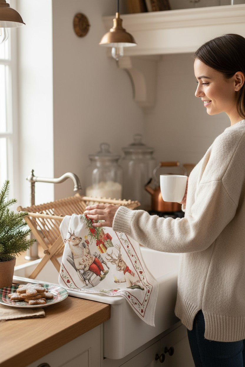 Set 5 pezzi Asciugapiatti Strofinacci Natalizi per Cucina in Cotone