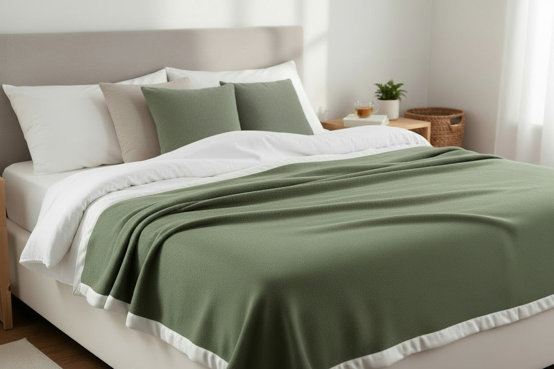 Coperta matrimoniale verde bosco di lana e cashmere