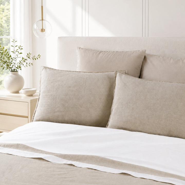 Completo letto di cotone con federe e balza in lino
