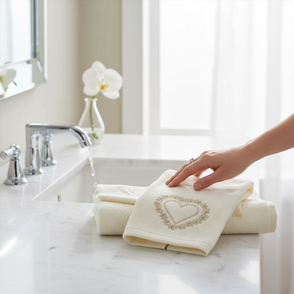 Acciugamani di spugna con cuore ricamato
