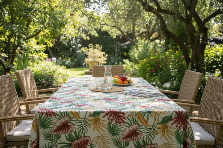 Tovaglia da 6 persone in cotone con disegno foglie a fantasia rosso e giallo